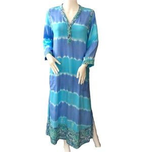 Soft Surroundings Small Blue Tie-Dye Caftan Nightgown Hippie Cottagecore Mumu Pj